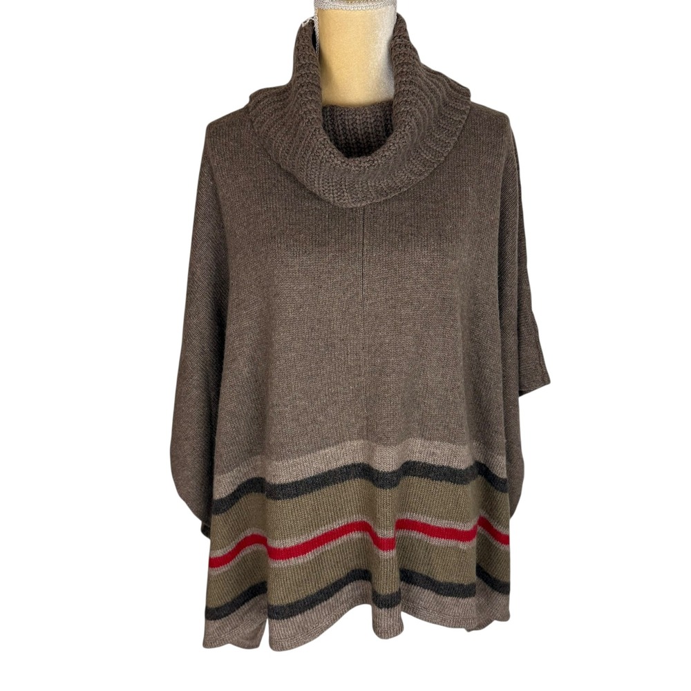 LOFT Womens Medium Brown Cowl Neck Striped Poncho Sweater Knit‎